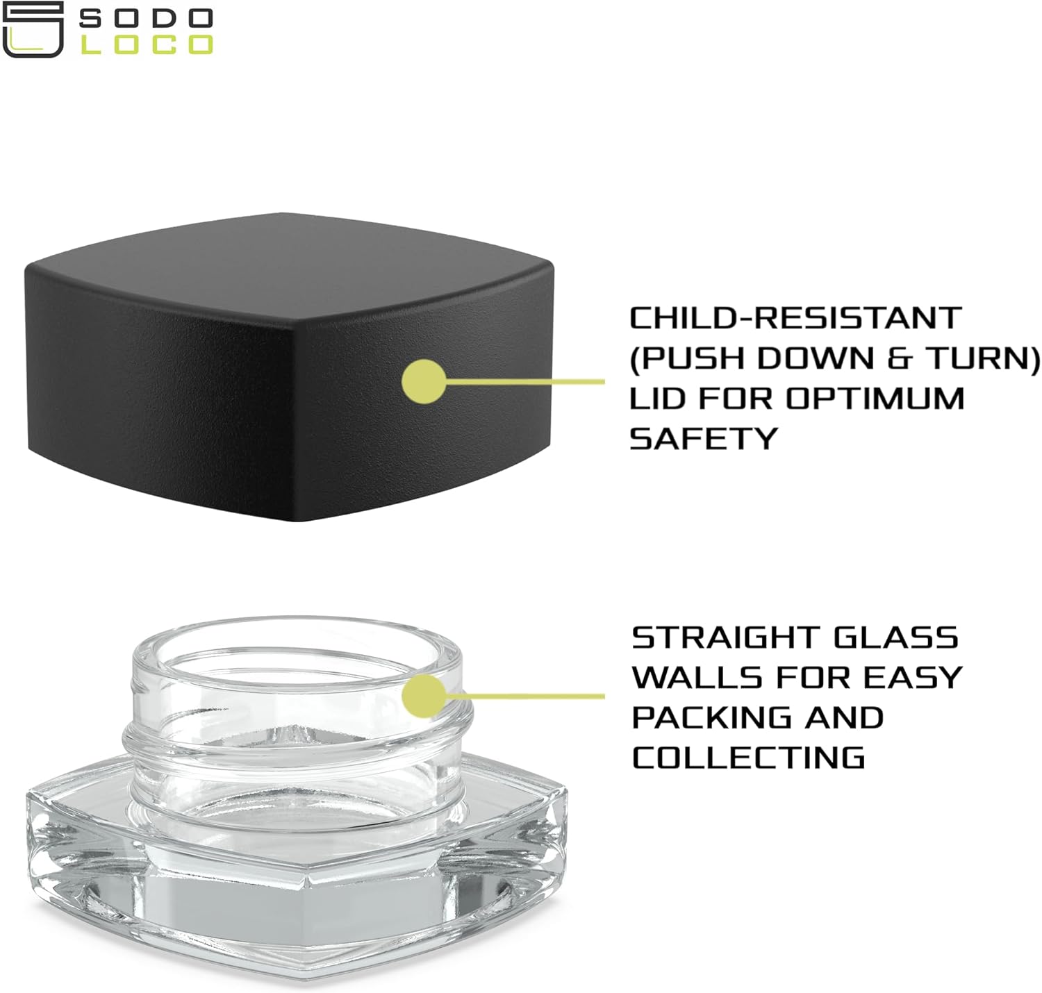 (200 Pack) 5ml Clear Glass Square Pillow Jars with Black Child-Resistant Lids