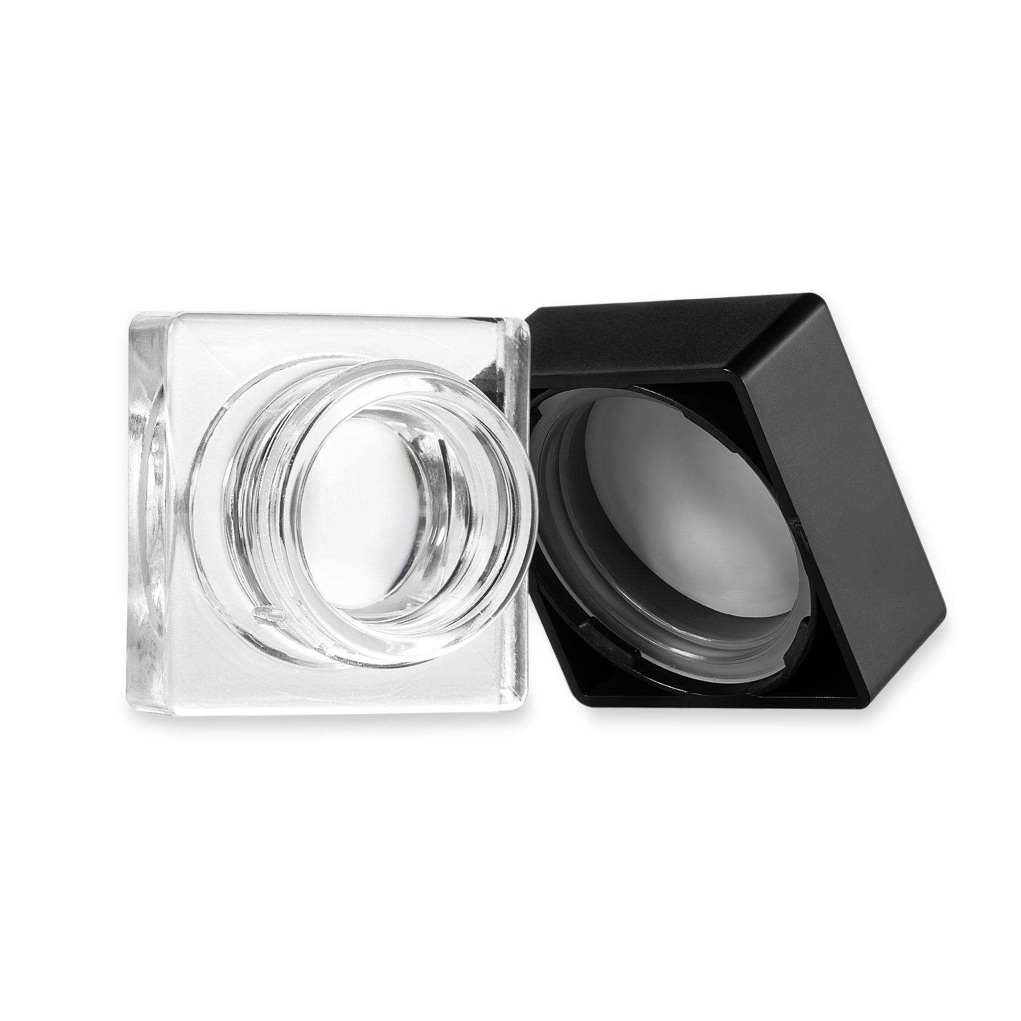 5ml clear square jar with black lid on a white background