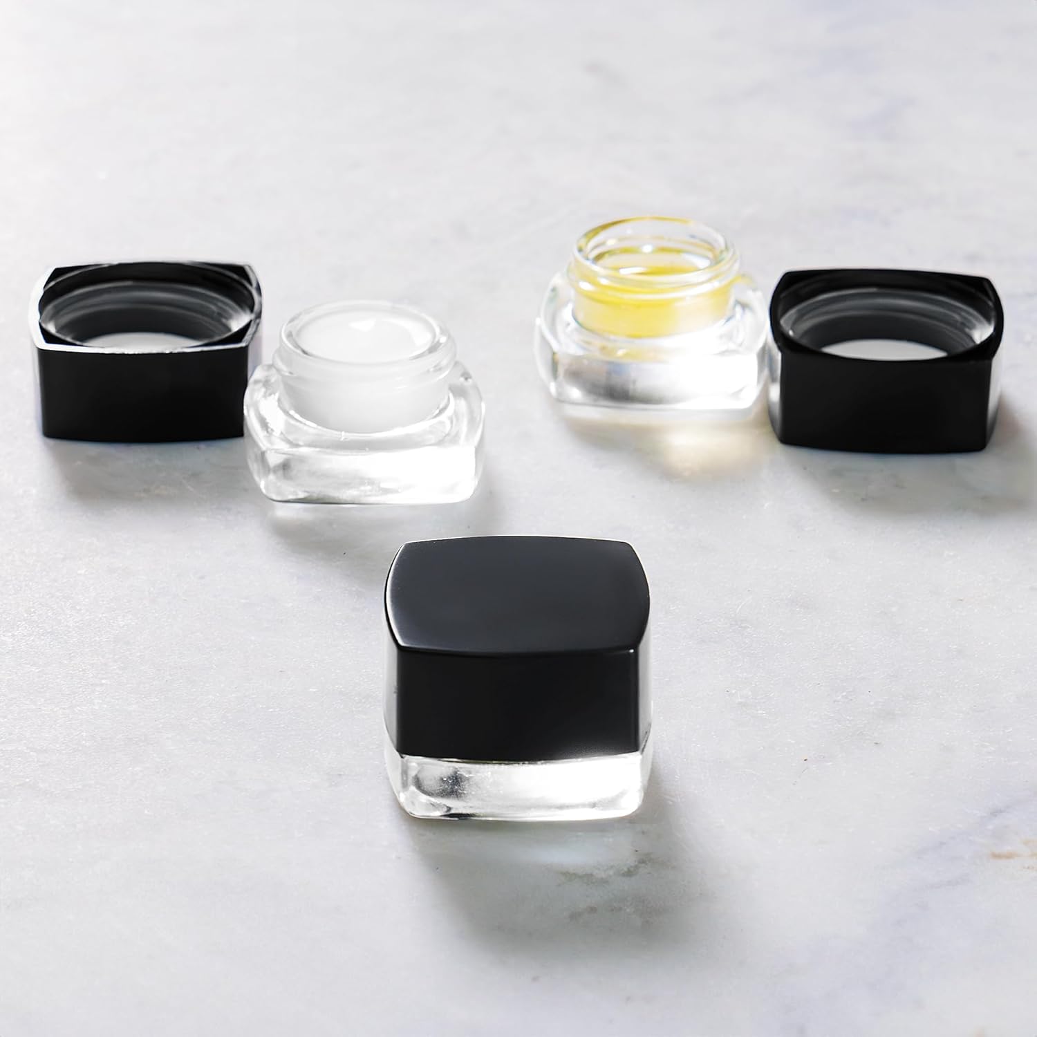 (200 Pack) 5ml Clear Glass Square Pillow Jars with Black Child-Resistant Lids